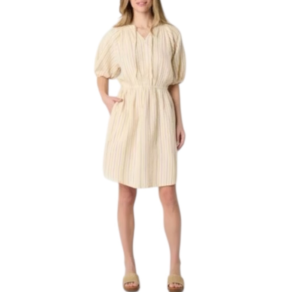 ANA Women's Cotton Willa Yellow Pink Pinstripe Bell Sleeve Dress Pockets Large